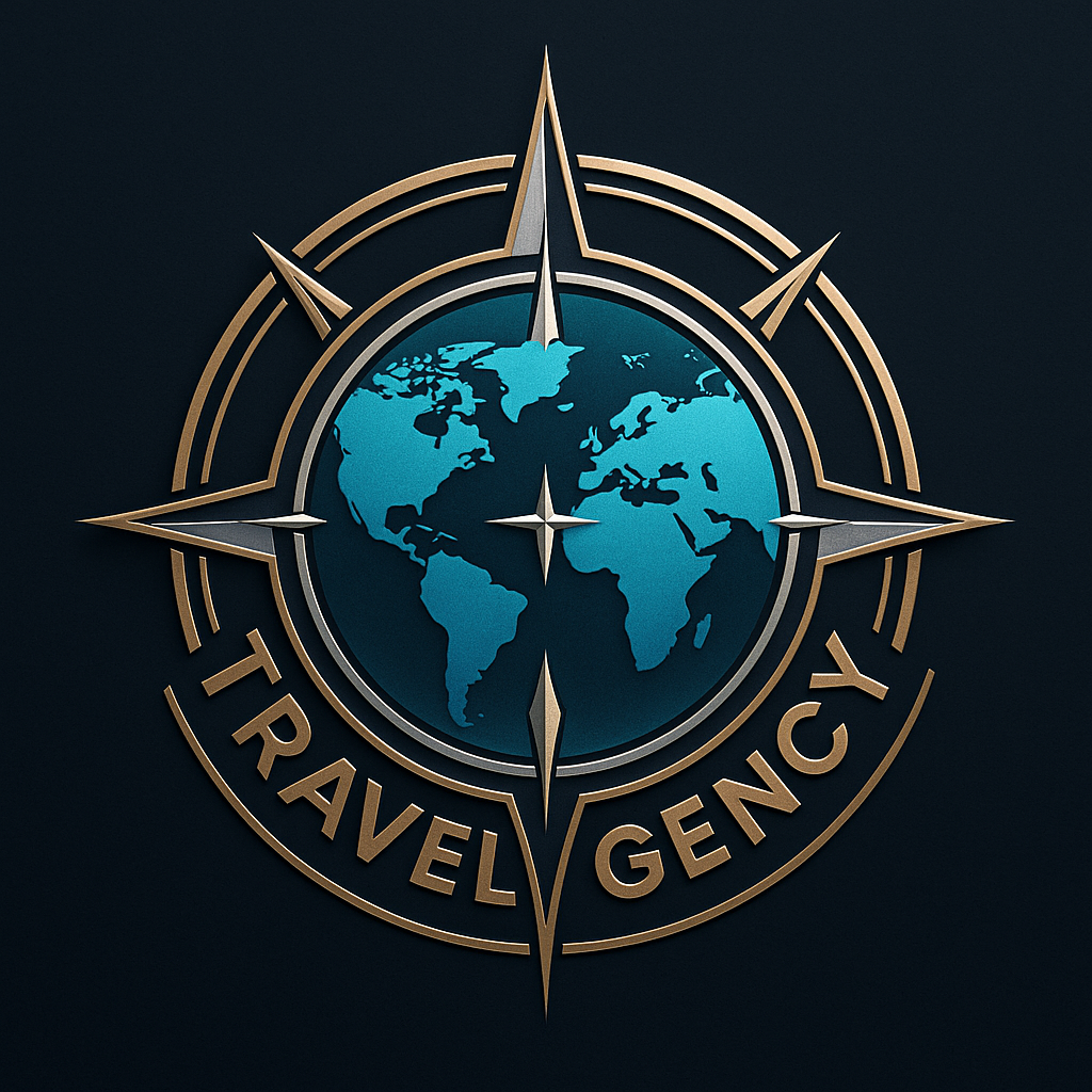 A travel agency logo featuring a compass rose or w…