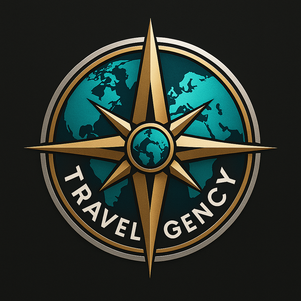 A travel agency logo featuring a compass rose or w…