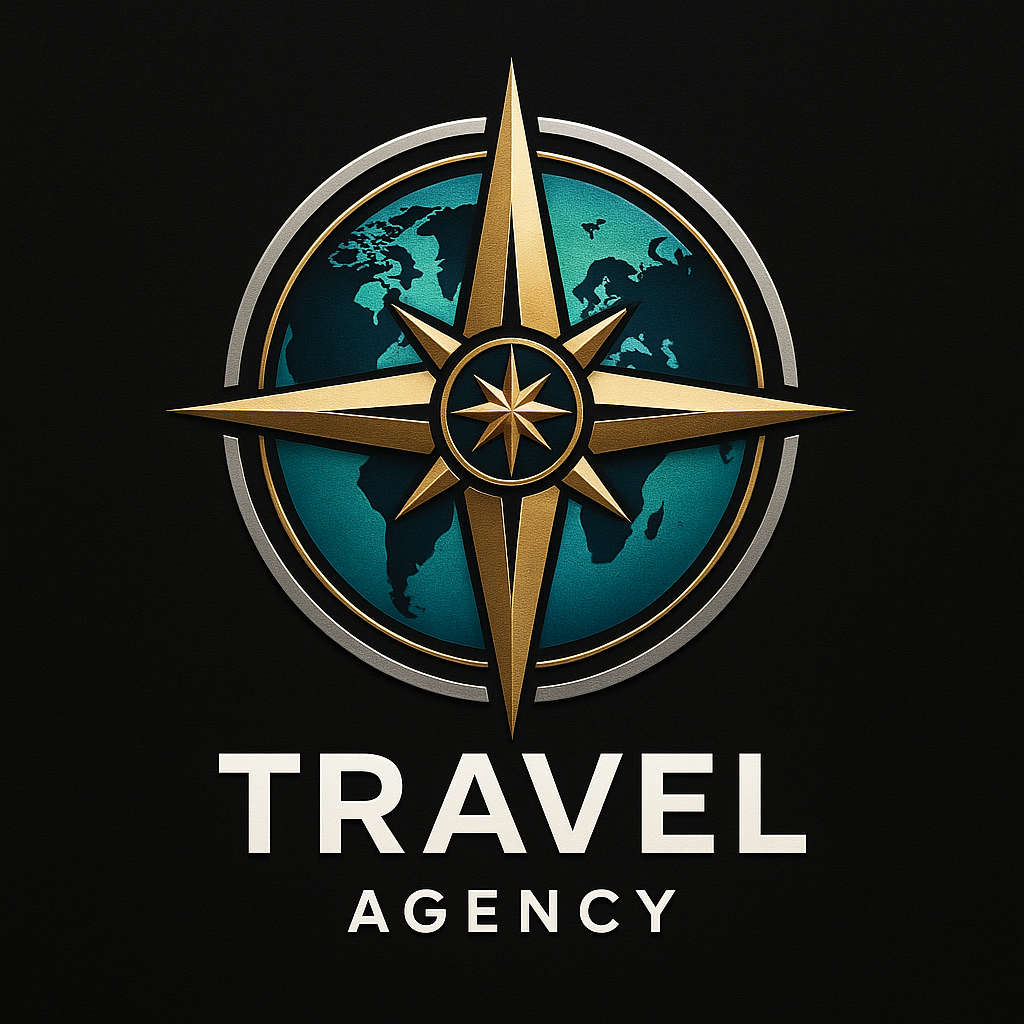 A travel agency logo featuring a compass rose or w…