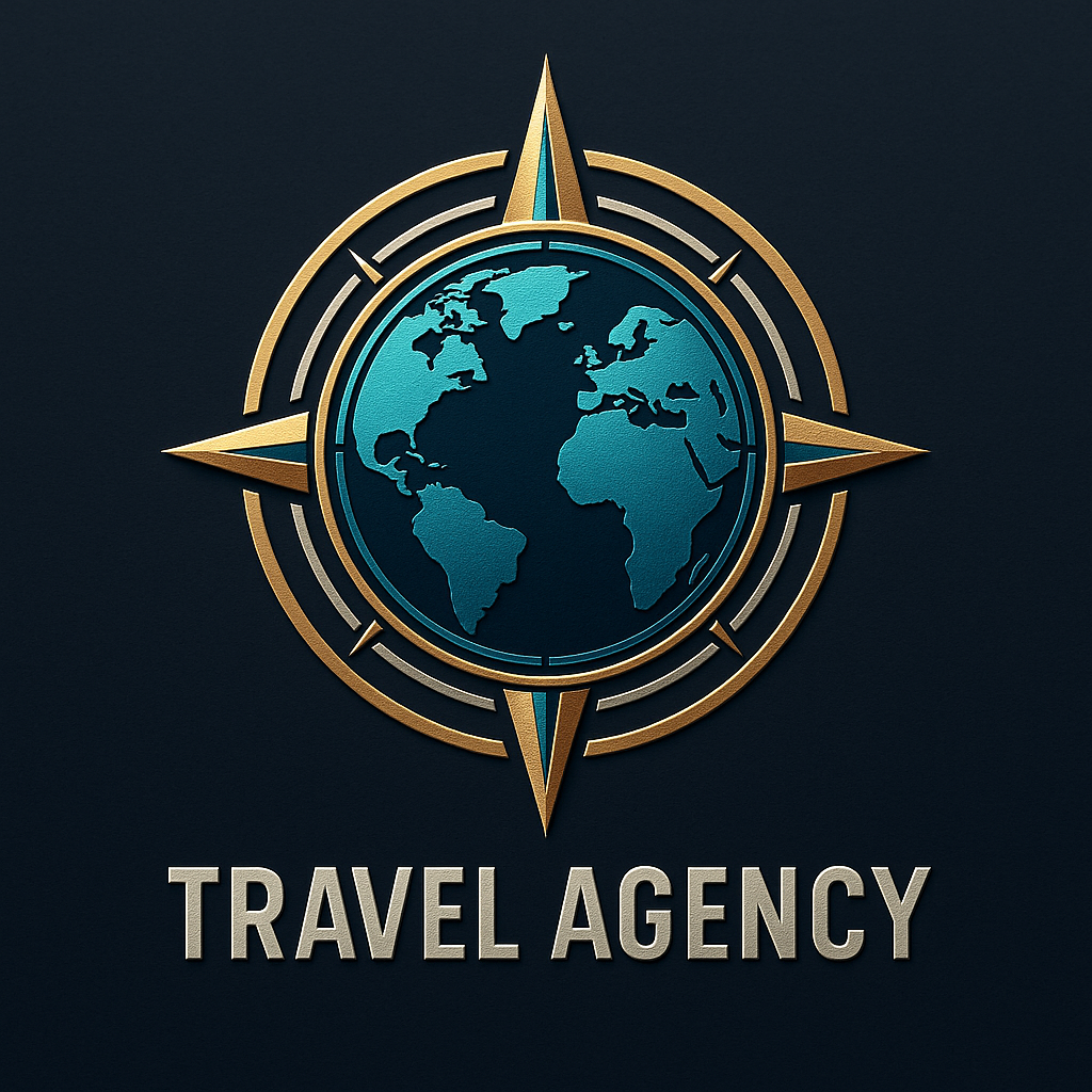 A travel agency logo featuring a compass rose or w…