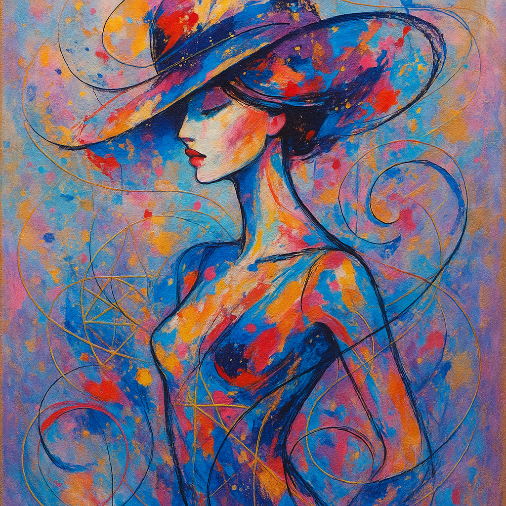 An abstract art depiction of a female figure weari…