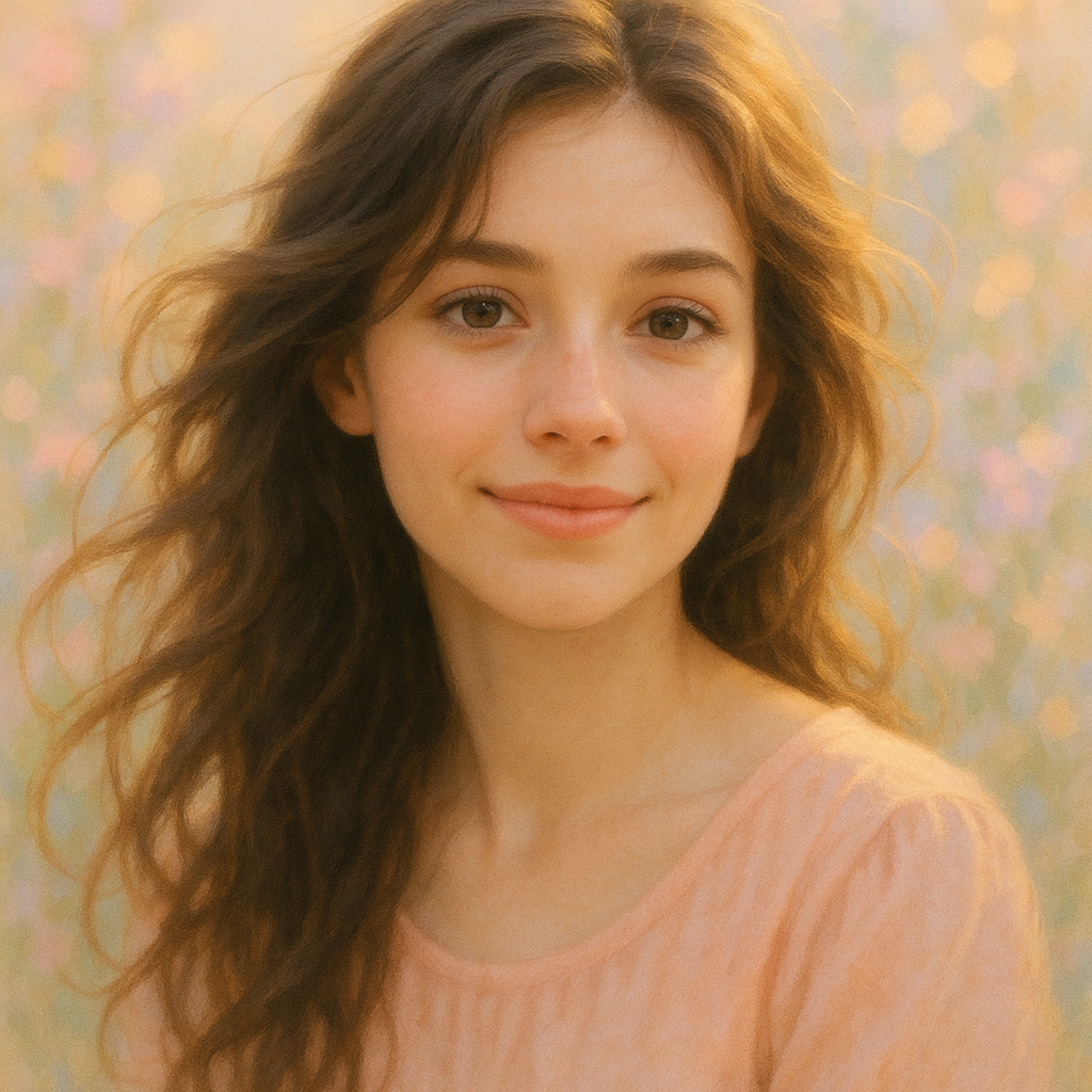 A beautiful girl with flowing hair, slightly tousl…