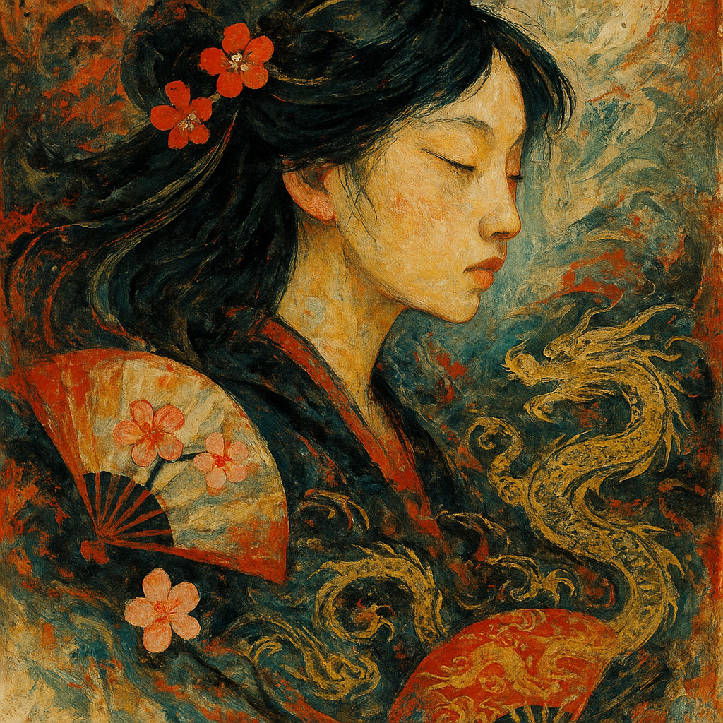 An abstract depiction of a Chinese girl, blending …