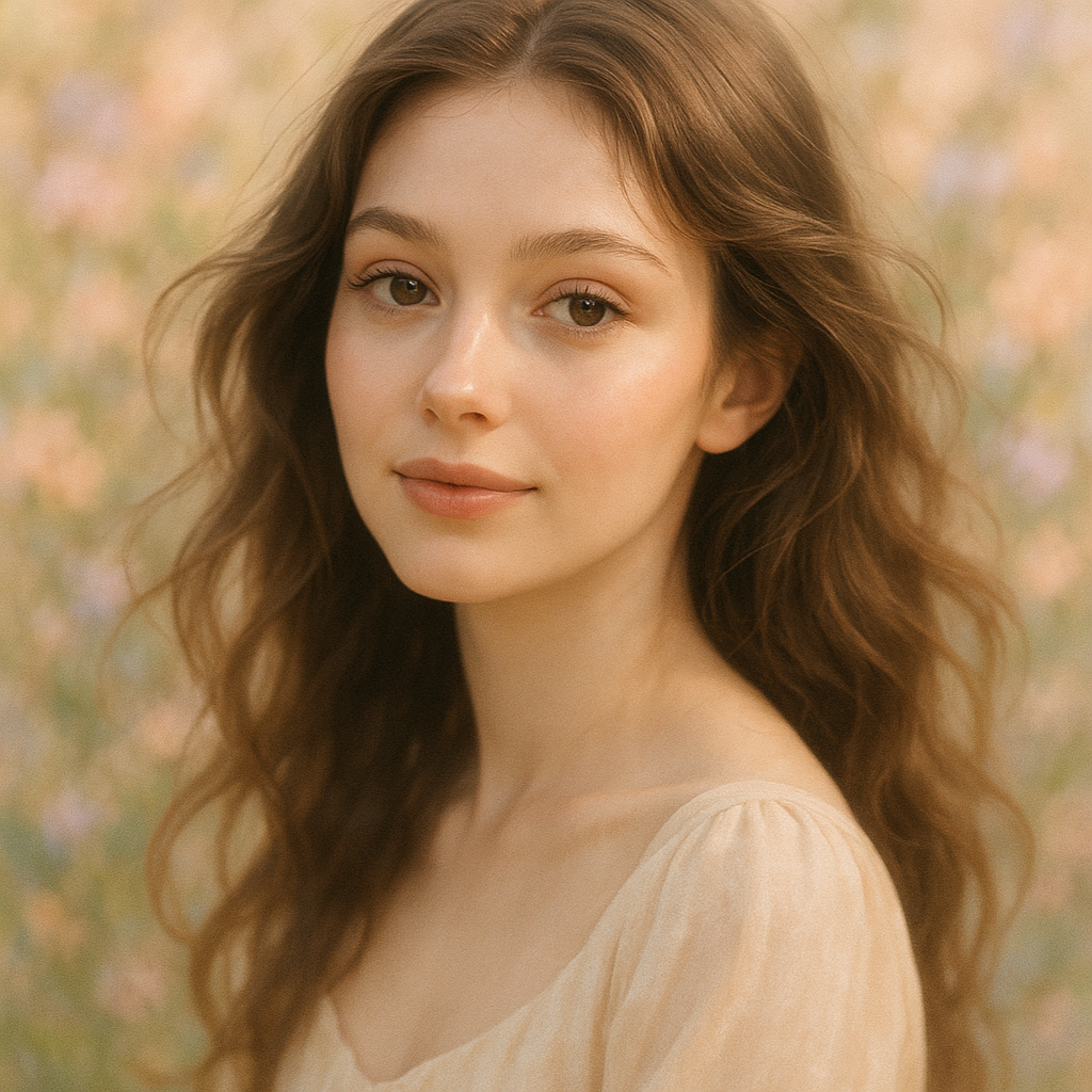 A beautiful young woman with delicate features, gl…