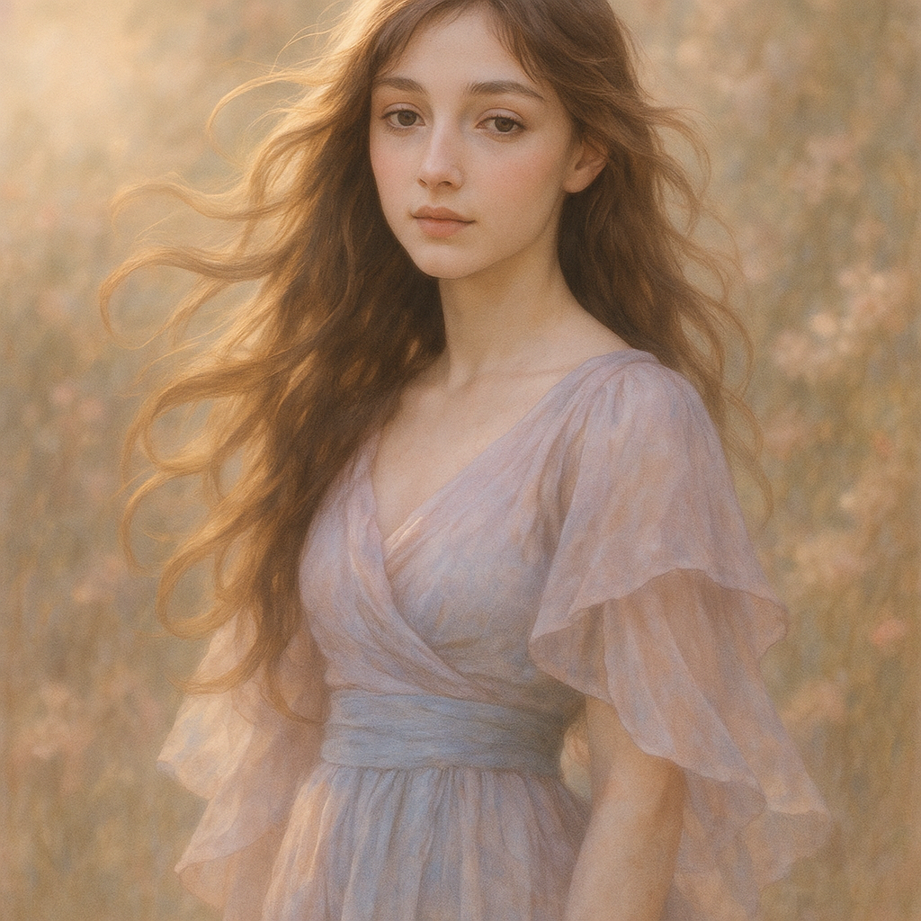 
									A beautiful young woman with delicate features, lo…