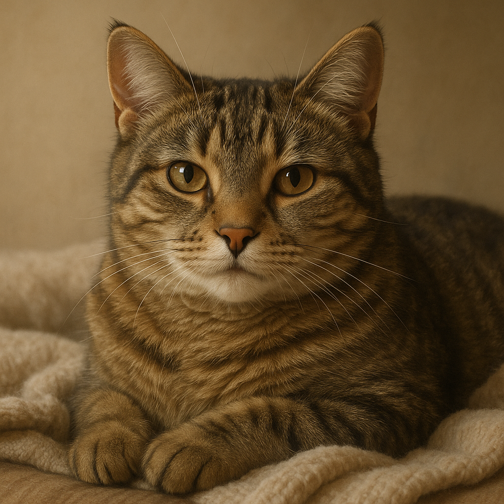 A realistic depiction of a cat sitting or lying do…