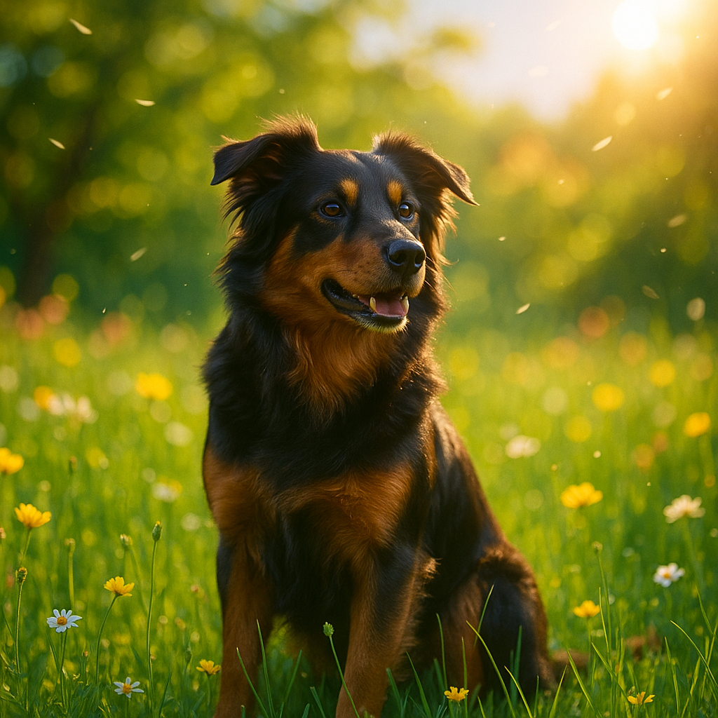 A beautiful dog sitting gracefully in a lush green…