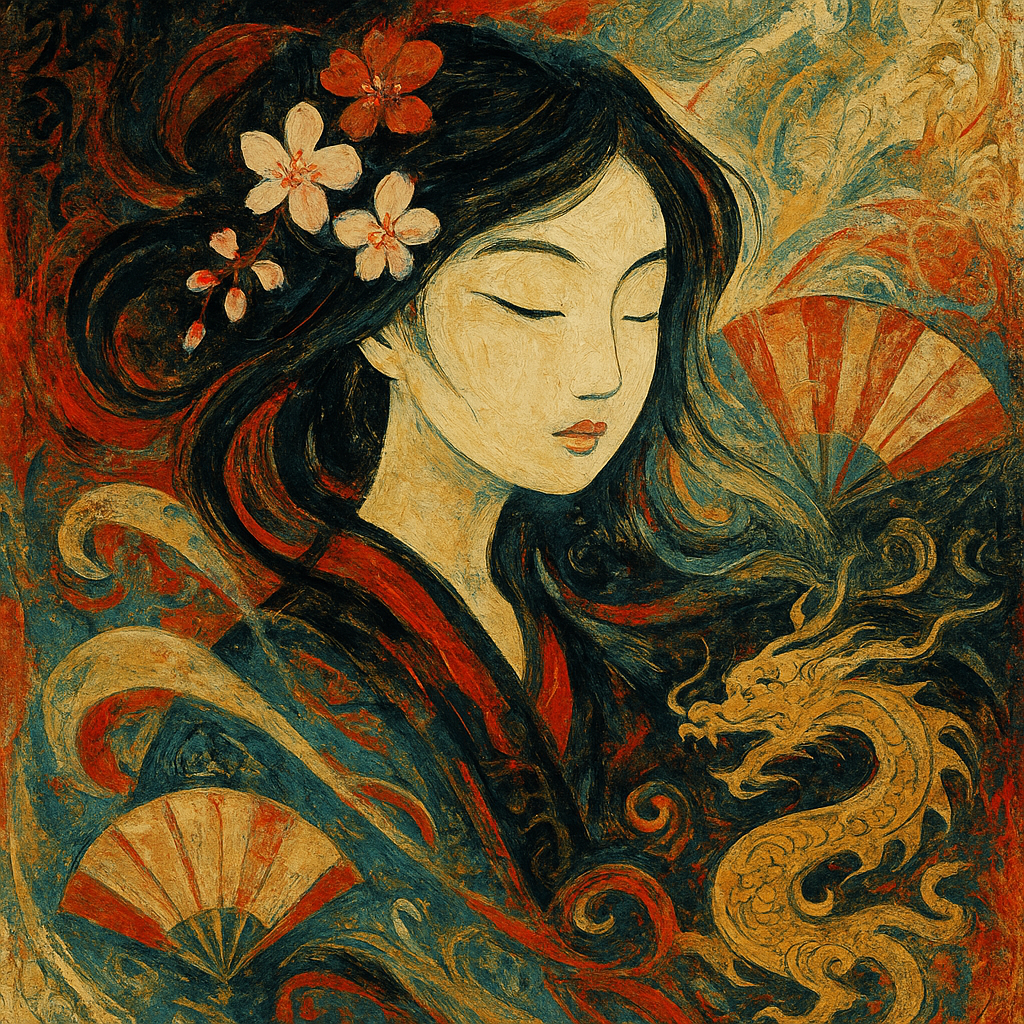 An abstract depiction of a Chinese girl, blending …