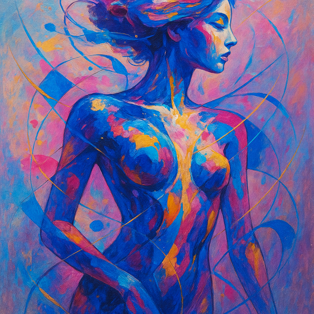 An abstract representation of a female figure, ble…