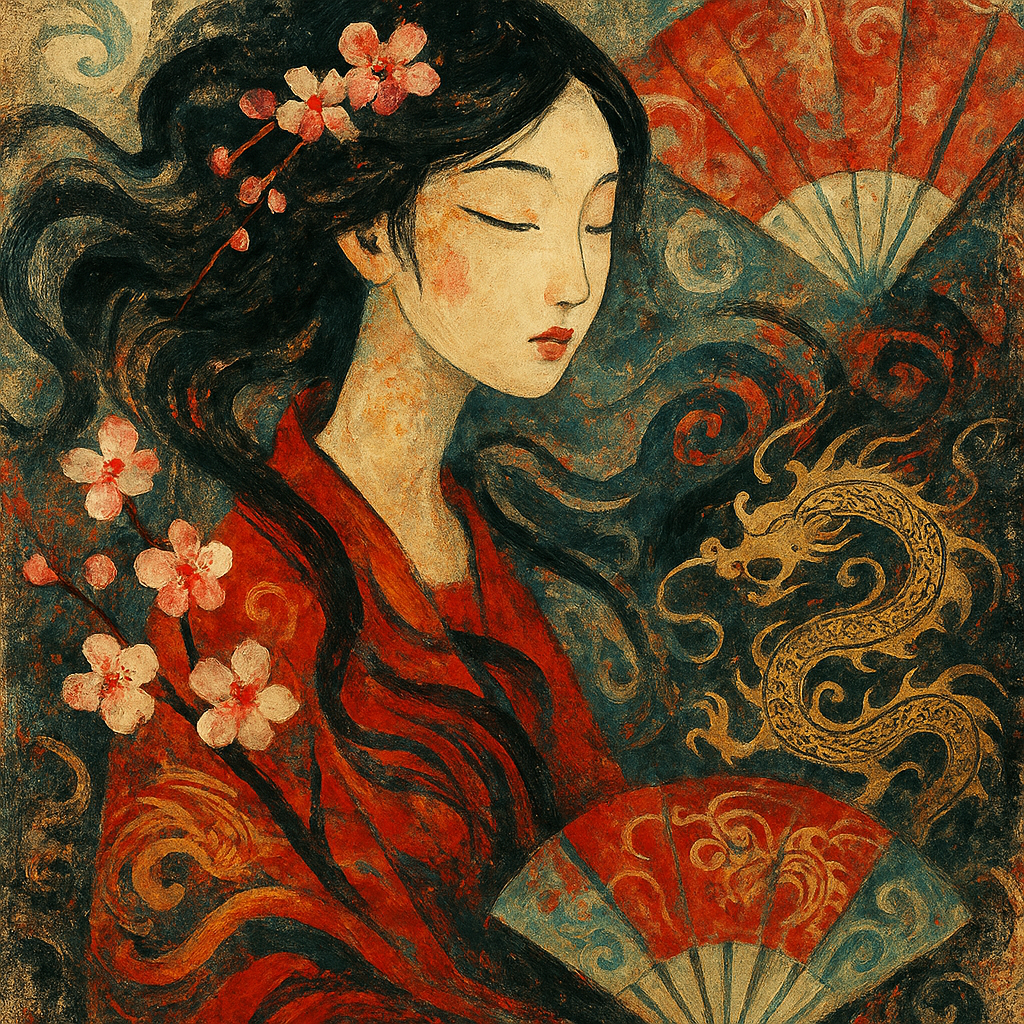 
									An abstract depiction of a Chinese girl, blending …