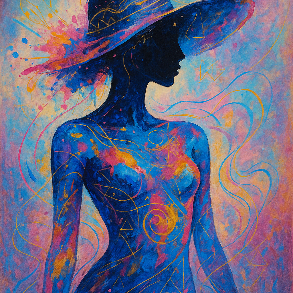 An abstract depiction of a female figure wearing a…