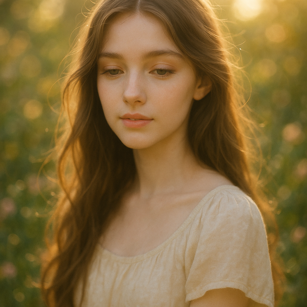 A beautiful young woman with delicate features, lo…