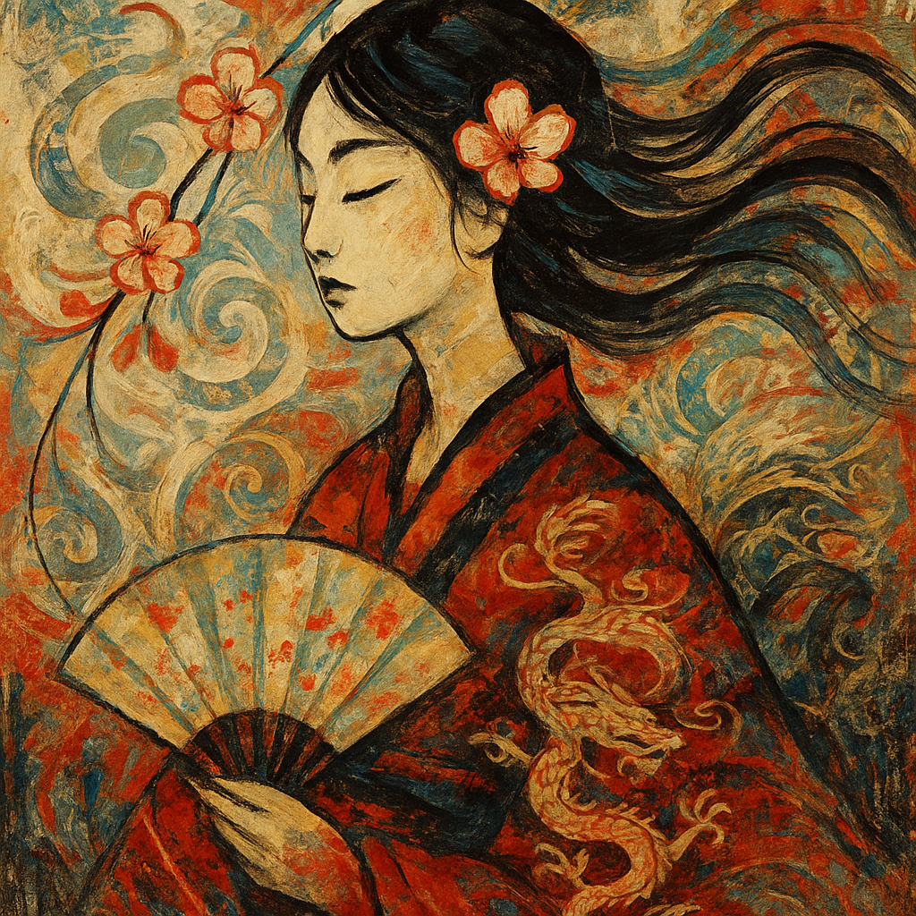 An abstract depiction of a Chinese girl, blending …